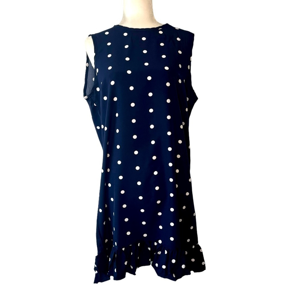 Navy and white sleeveless polkadot dress with ruffle bottom - Picture 2 of 7
